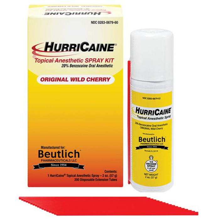 Beutlich HurriCaine Topical Anesthetic Spray 20% Strength Benzocaine Wild Cherry 2oz 100 Tubes Kit