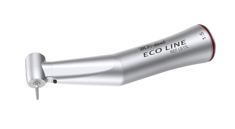 MK-dent Eco Line Contra Angle Handpiece, with Light, 1:5 Transmission, Internal Water Supply, Input max. 40,000 RPM, for FG Burs, Chrome Coating, ISO Connection LE15L