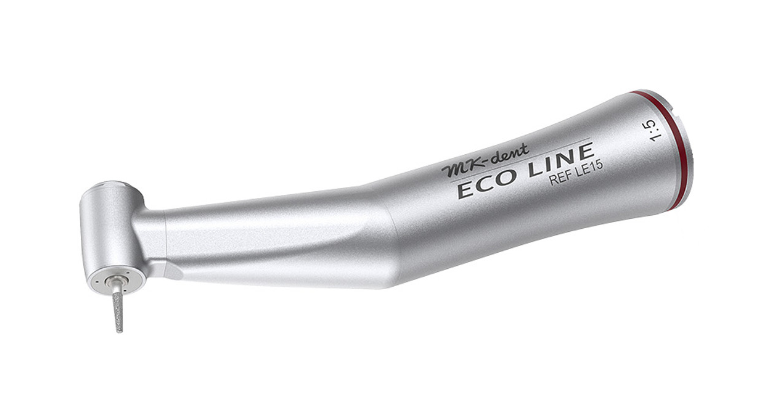 MK-dent Eco Line Contra Angle Handpiece, 1:5 Transmission, Internal Water Supply, Input max. 40,000 RPM, for FG Burs, Chrome Coating, ISO Connection LE15