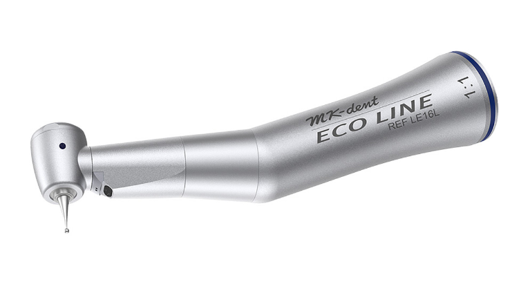 MK-dent Eco Line Contra Angle Handpiece, with Light, 1:1 Transmission, Internal Water Supply, Input max. 40,000 RPM, for FG Burs, Chrome Coating, ISO Connection LE16L