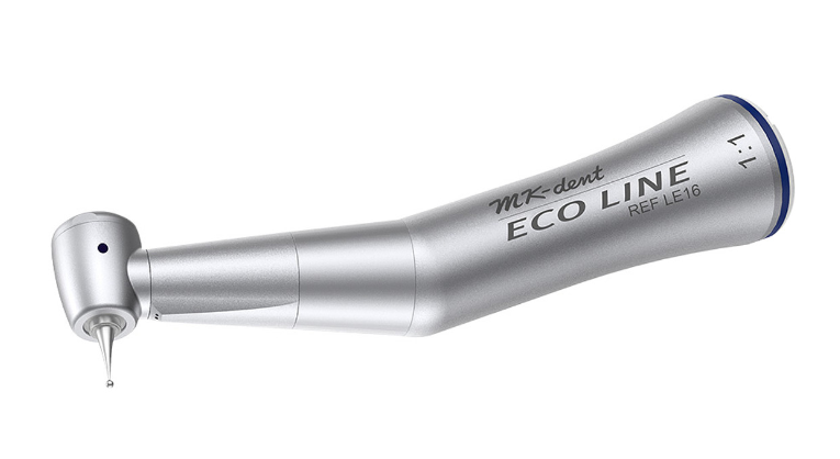 MK-dent Eco Line Contra Angle Handpiece, 1:1 Transmission, Internal Water Supply, Input max. 40,000 RPM, for FG Burs, Chrome Coating, ISO Connection LE16