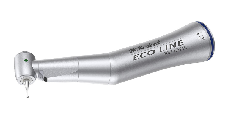 MK-dent Eco Line Contra Angle Handpiece, with Light, 2:1 Transmission, Internal Water Supply, Input max. 20,000 RPM, for CA Burs, Chrome Coating, ISO Connection LE21L