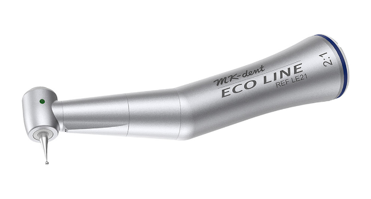 MK-dent Eco Line Contra Angle Handpiece, 2:1 Transmission, Internal Water Supply, Input max. 20,000 RPM, for CA Burs, Chrome Coating, ISO Connection LE21
