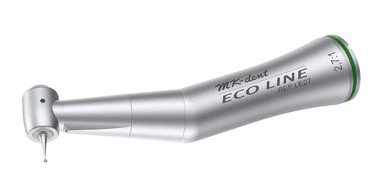 MK-dent Eco Line Contra Angle Handpiece, 2,7:1 Transmission, Internal Water Supply, Input max. 14,815 RPM, for CA Burs, Chrome Coating, ISO Connection LE27