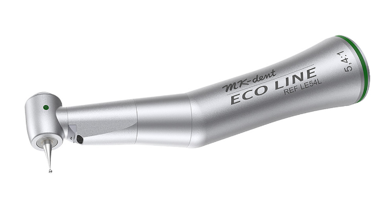 MK-dent Eco Line Contra Angle Handpiece, with Light, 5,4:1 Transmission, Internal Water Supply, Input max. 7,407 RPM, for CA Burs, Chrome Coating, ISO Connection LE54L