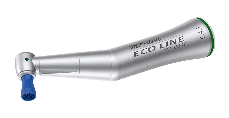 MK-dent Eco Line Contra Angle Handpiece, 5,4:1 Transmission, Internal Water Supply, Input max. 7,407 RPM, for snap-on and srew-in sups, Chrome Coating, ISO Connection LE54P