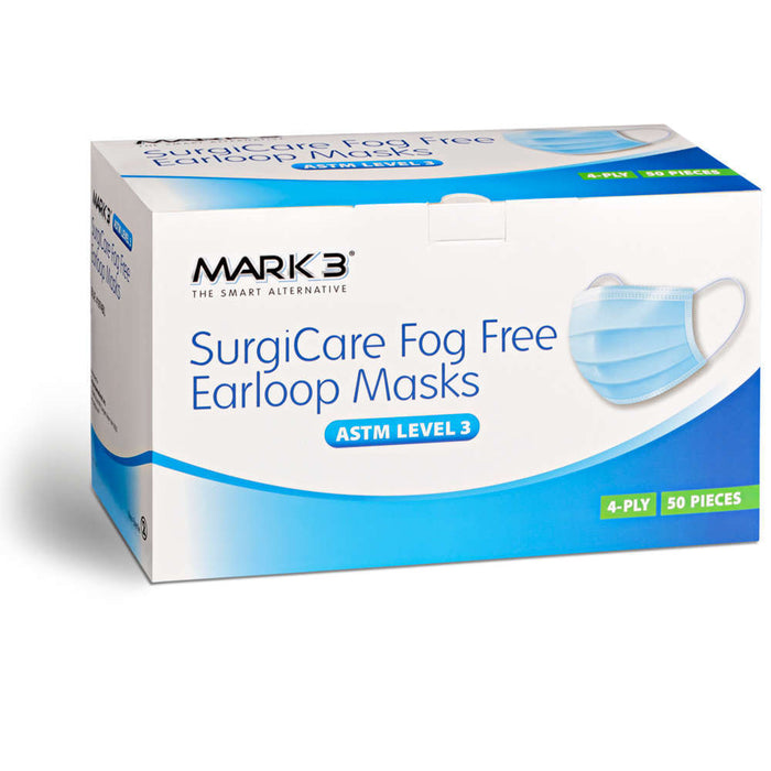 SurgiCare Earloop Face Masks Fog Free ASTM Level 3 Blue Box/50