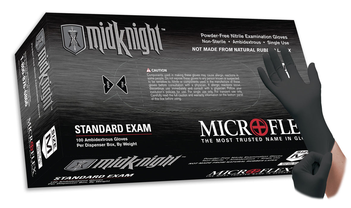 Microflex Medical-MK-296-L Exam Glove MICROFLEX MidKnight Large NonSterile Nitrile Standard Cuff Length Fully Textured Black Not Chemo Approved / Fentanyl Tested