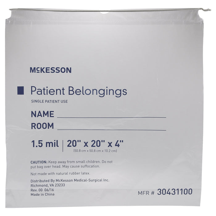 McKesson-30431100 Patient Belongings Bag 4 X 20 X 20 Inch Polyethylene Drawstring Closure Clear