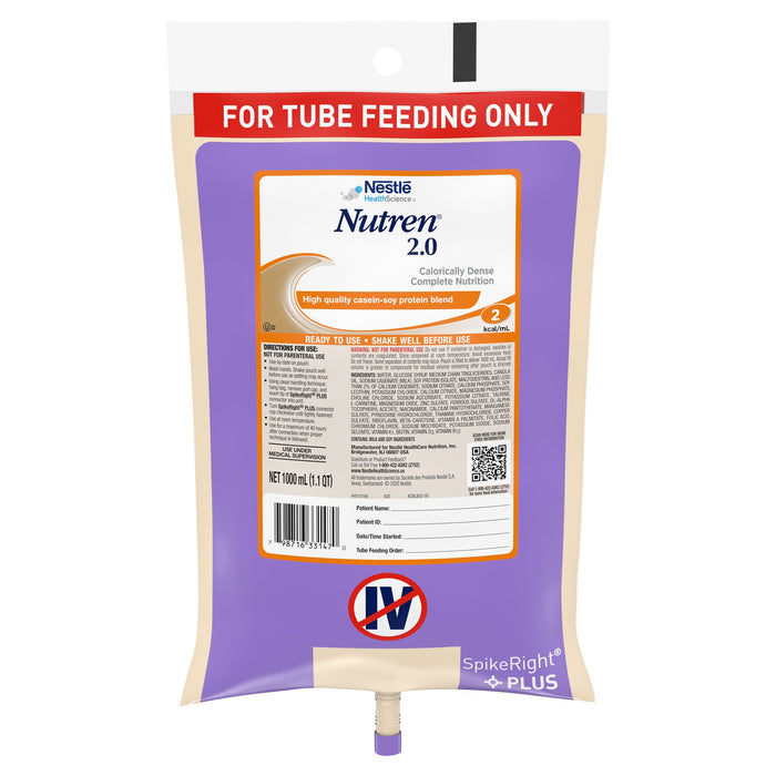 Nestle Healthcare Nutrition-00798716441469 Tube Feeding Formula Nutren 2.0 33.8 oz. Bag Ready to Hang Unflavored Adult