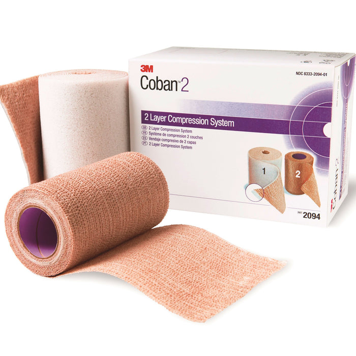 3M-2094N 2 Layer Compression Bandage System 3M Coban 2 2-9/10 Yard X 4 Inch / 4 Inch X 5-1/10 Yard 35 to 40 mmHg Self-adherent / Pull On Closure Tan / White NonSterile