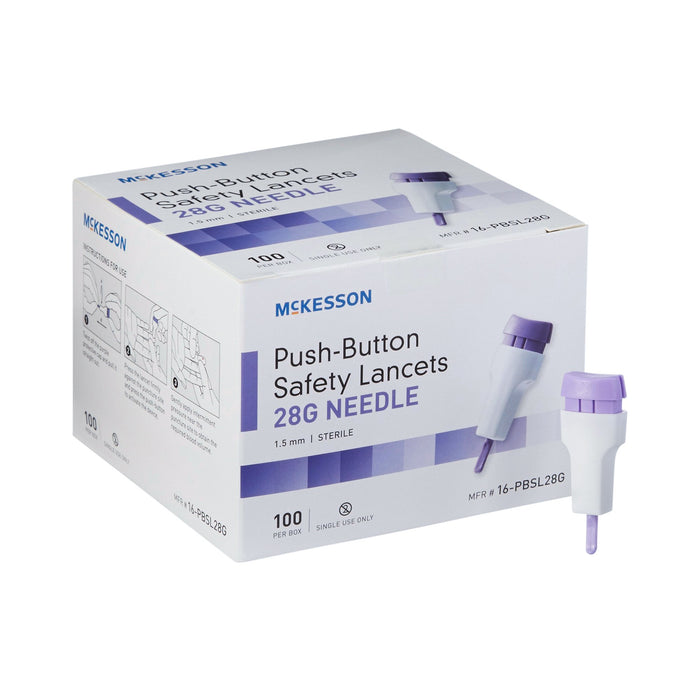 McKesson-16-PBSL28G Lancet Fixed Depth Lancet Blade 1.5 mm Depth 28 Gauge Push Button Activation