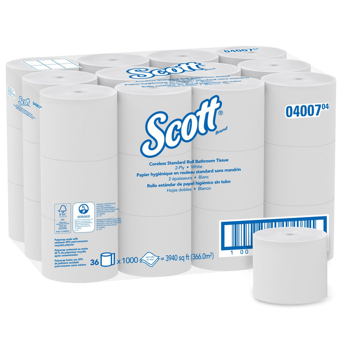 Kimberly Clark-04007 Toilet Tissue Scott Essential White 2-Ply Standard Size Coreless Roll 1000 Sheets 3-9/10 X 4 Inch