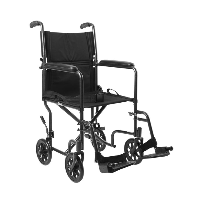 McKesson-146-TR39E-SV Lightweight Transport Chair Steel Frame with Silver Vein Finish 250 lbs. Weight Capacity Fixed Height / Padded Arm Black Upholstery