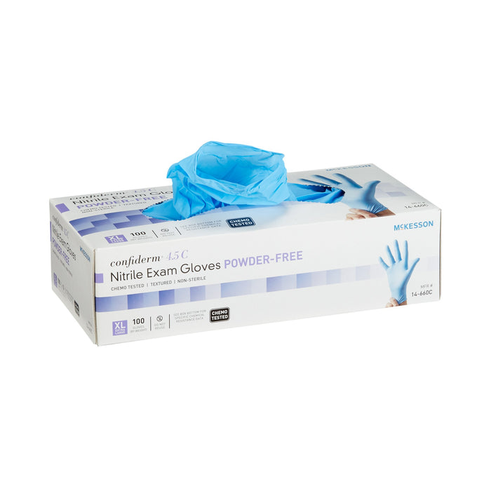 McKesson-14-660C Exam Glove Confiderm 4.5C X-Large NonSterile Nitrile Standard Cuff Length Textured Fingertips Blue Chemo Tested
