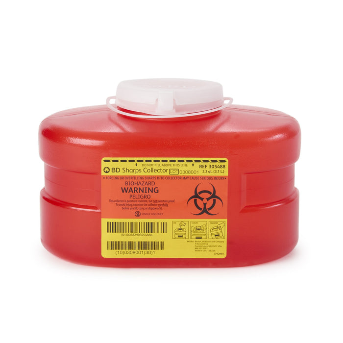 BD-305488 Sharps Container BD 5-3/10 H X 9-1/10 W X 5 D Inch 3.3 Quart Red Base / Translucent Lid Vertical Entry