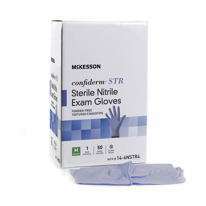 McKesson-14-6NSTR8 Exam Glove Confiderm STR X-Large Sterile Pair Nitrile Standard Cuff Length Textured Fingertips Blue Not Chemo Approved