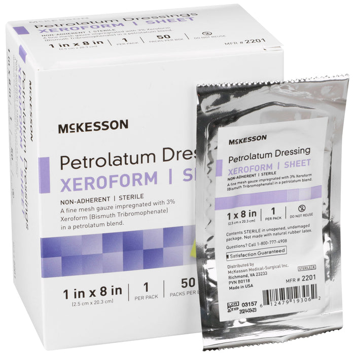 McKesson-2201 Xeroform Petrolatum Impregnated Dressing 1 X 8 Inch Gauze Bismuth Tribromophenate (Xeroform) Sterile