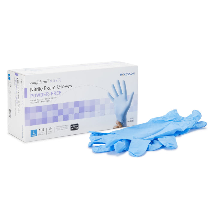 McKesson-14-678C Exam Glove Confiderm 6.5CX Large NonSterile Nitrile Extended Cuff Length Textured Fingertips Blue Chemo Tested