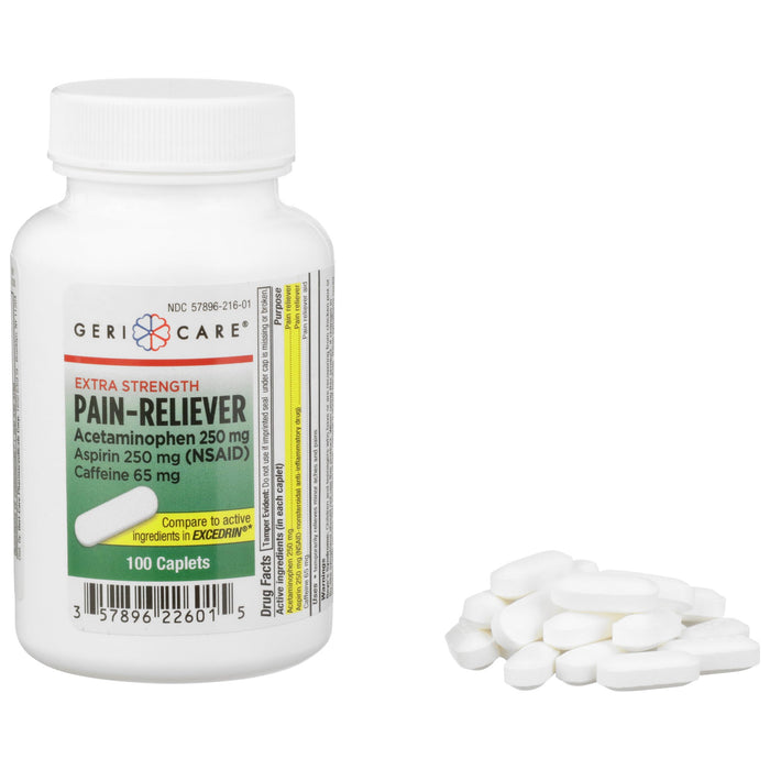 McKesson-226-01-GCP Pain Relief Brand 250 mg - 250 mg - 65 mg Strength Acetaminophen / Aspirin / Caffeine Caplet 100 per Bottle