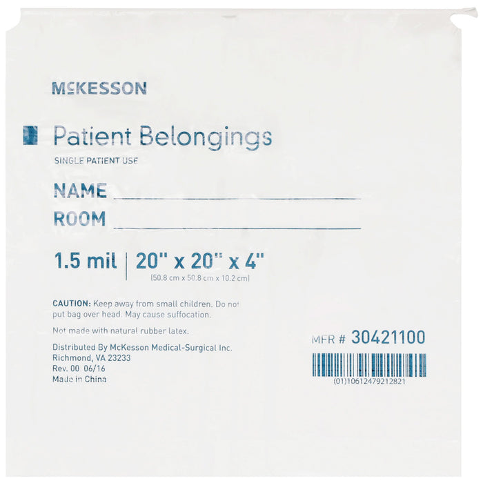 McKesson-30421100 Patient Belongings Bag 4 X 20 X 20 Inch Polyethylene Drawstring Closure White