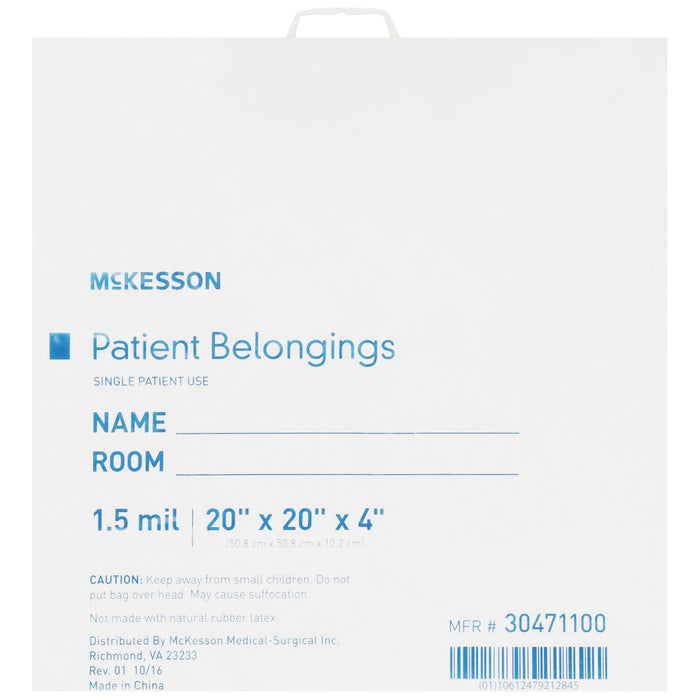McKesson-30471100 Patient Belongings Bag 4 X 20 X 20 Inch Polyethylene Snap Closure White