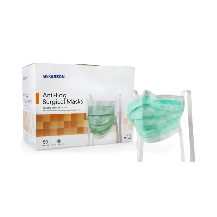 McKesson-91-1400 Surgical Mask Anti-fog Pleated Tie Closure One Size Fits Most Green NonSterile ASTM Level 1 Adult