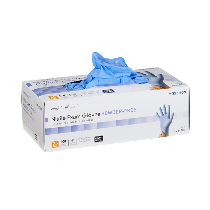 McKesson-14-6972C Exam Glove Confiderm 3.5C X-Small NonSterile Nitrile Standard Cuff Length Textured Fingertips Blue Chemo Tested