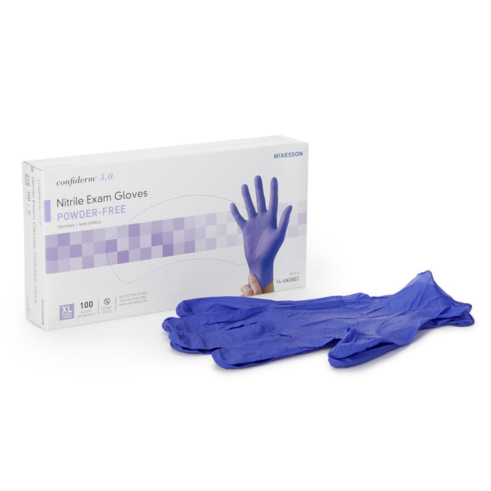 McKesson-14-6N38EC Exam Glove Confiderm 3.0 X-Large NonSterile Nitrile Standard Cuff Length Textured Fingertips Blue Not Chemo Approved