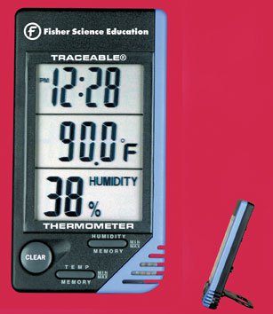 Fisher Scientific-S66279 Digital Thermometer / Hygrometer Fisherbrand Traceable Fahrenheit / Celsius 32° to 122°F (0 to 50°C) Internal Sensor Desk / Wall Mount Battery Operated