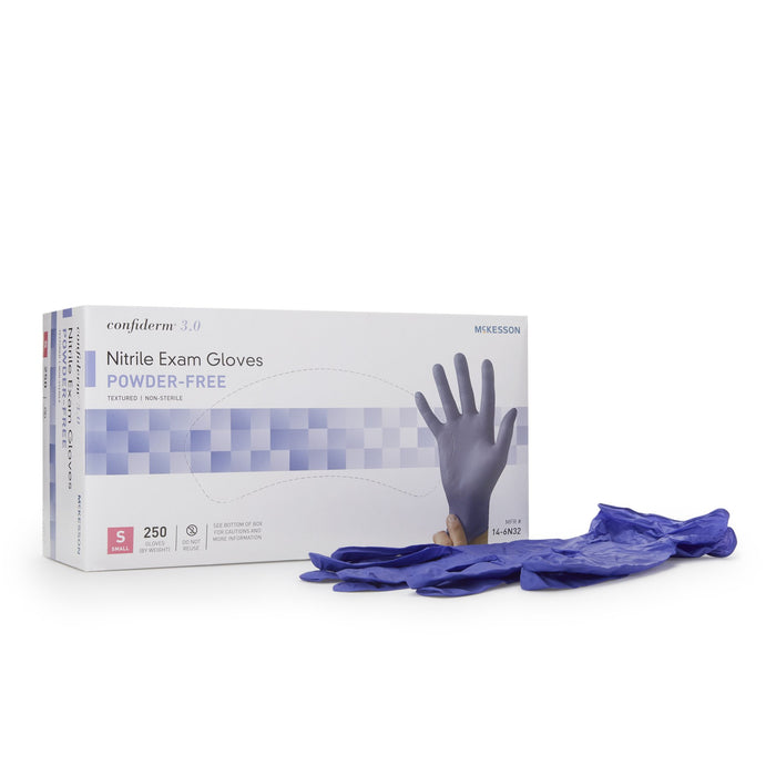 McKesson-14-6N32 Exam Glove Confiderm 3.0 Small NonSterile Nitrile Standard Cuff Length Textured Fingertips Blue Not Chemo Approved