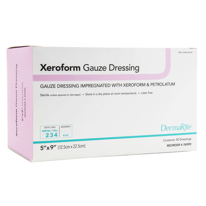 DermaRite Industries-24590 Xeroform Petrolatum Impregnated Dressing Xeroform 5 X 9 Inch Gauze Bismuth Tribromophenate (Xeroform) / Petrolatum Sterile