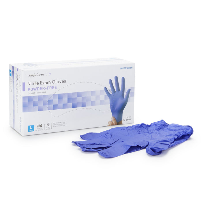 McKesson-14-6N36 Exam Glove Confiderm 3.0 Large NonSterile Nitrile Standard Cuff Length Textured Fingertips Blue Not Chemo Approved
