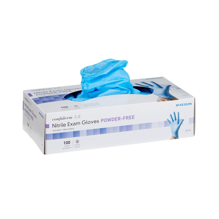 McKesson-14-688 Exam Glove Confiderm 3.8 Large NonSterile Nitrile Standard Cuff Length Textured Fingertips Blue Not Chemo Approved