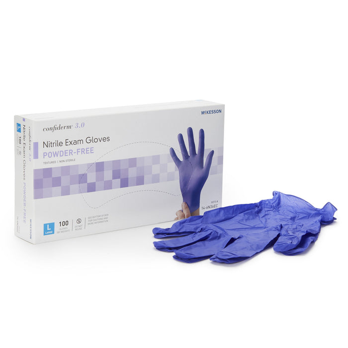 McKesson-14-6N36EC Exam Glove Confiderm 3.0 Large NonSterile Nitrile Standard Cuff Length Textured Fingertips Blue Not Chemo Approved