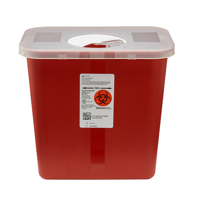 Cardinal-8970 Sharps Container SharpSafety 10 H X 10-1/2 W X 7-1/4 D Inch 2 Gallon Red Base / White Lid Vertical Entry
