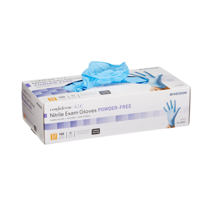 McKesson-14-652C Exam Glove Confiderm 4.5C X-Small NonSterile Nitrile Standard Cuff Length Textured Fingertips Blue Chemo Tested