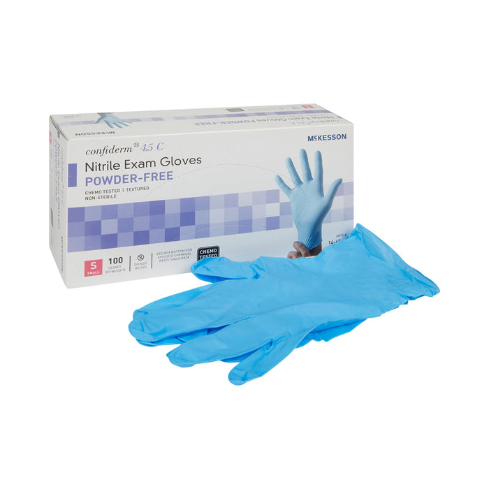 McKesson-14-654C Exam Glove Confiderm 4.5C Small NonSterile Nitrile Standard Cuff Length Textured Fingertips Blue Chemo Tested