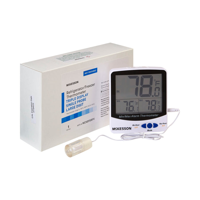 McKesson-MCK895RFV Digital Refrigerator / Freezer Thermometer with Alarm Fahrenheit / Celsius -58° to +158°F (-50° to +70°C) Glycol Bottle Probe / Internal Sensor Multiple Mounting Options Battery Operated
