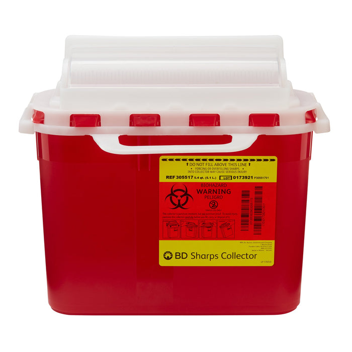 BD-305517 Sharps Container BD 12 H X 12 W X 4-4/5 D Inch 5.4 Quart Red Base / White Lid Horizontal Entry