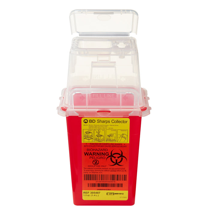 BD-305487 Sharps Container BD 9 H X 4-1/2 W X 4 D Inch 1.5 Quart Red Base / Clear Lid Vertical Entry