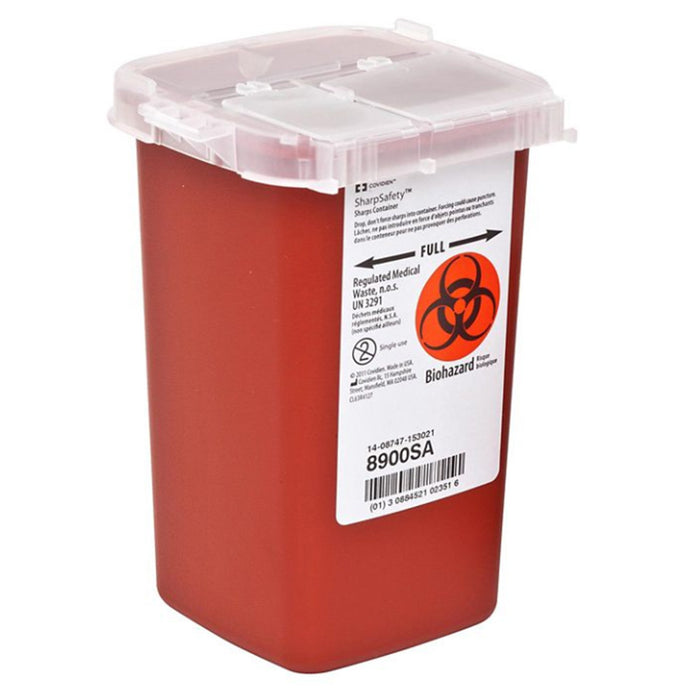 Cardinal-8900SA Sharps Container SharpSafety 6-1/4 H X 4-1/2 W X 4-1/4 D Inch 1 Quart Red Base / Translucent Lid Vertical Entry