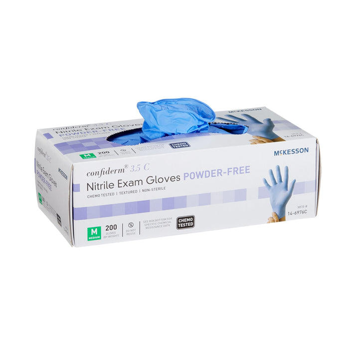 McKesson-14-6976C Exam Glove Confiderm 3.5C Medium NonSterile Nitrile Standard Cuff Length Textured Fingertips Blue Chemo Tested