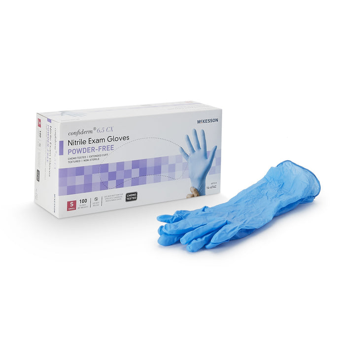 McKesson-14-674C Exam Glove Confiderm 6.5CX Small NonSterile Nitrile Extended Cuff Length Textured Fingertips Blue Chemo Tested