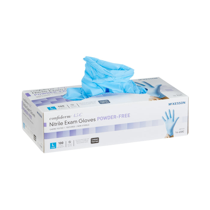 McKesson-14-658C Exam Glove Confiderm 4.5C Large NonSterile Nitrile Standard Cuff Length Textured Fingertips Blue Chemo Tested