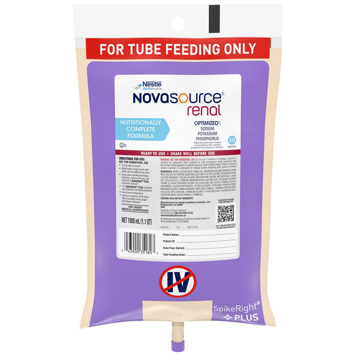 Nestle Healthcare Nutrition-10043900351800 Tube Feeding Formula Novasource Renal 33.8 oz. Bag Ready to Hang Unflavored Adult