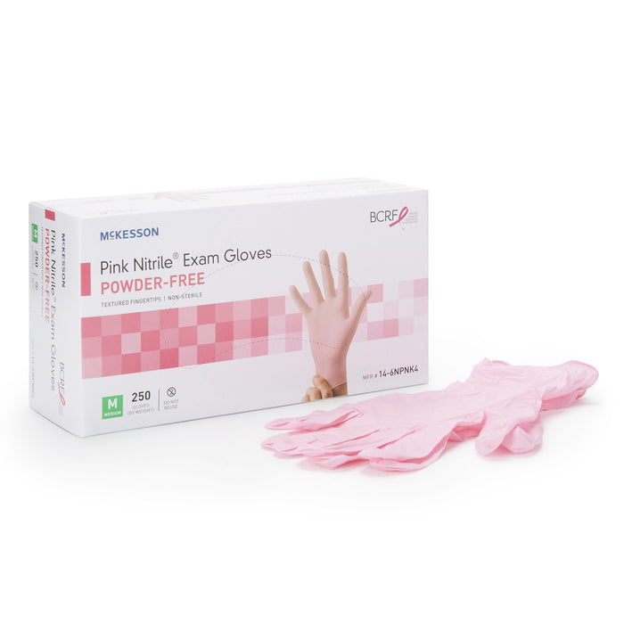 McKesson-14-6NPNK4 Exam Glove Pink Nitrile Medium NonSterile Nitrile Standard Cuff Length Textured Fingertips Pink Not Chemo Approved