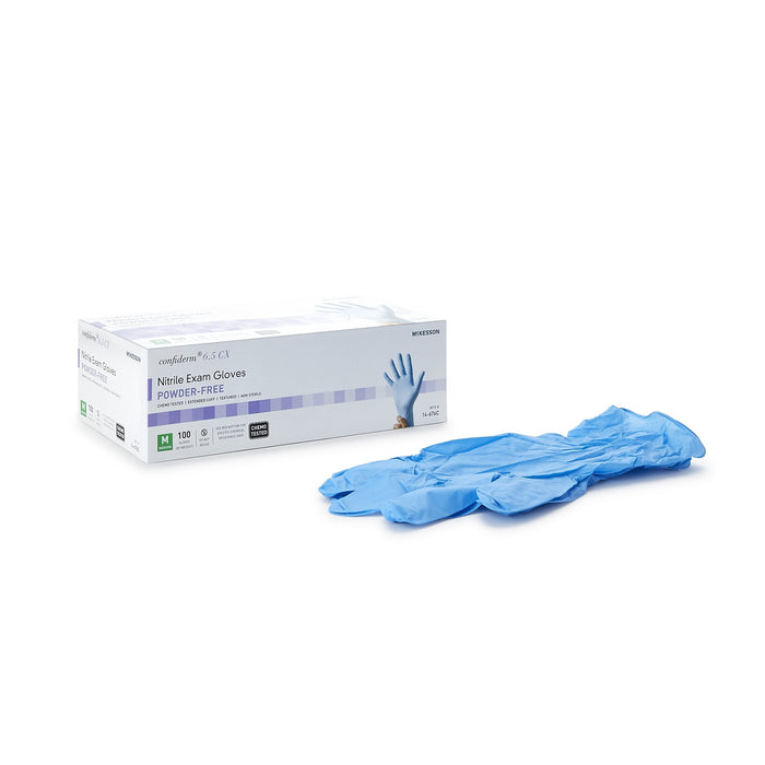 McKesson-14-676C Exam Glove Confiderm 6.5CX Medium NonSterile Nitrile Extended Cuff Length Textured Fingertips Blue Chemo Tested