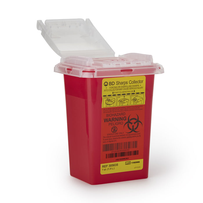 BD-305635 Sharps Container BD 7 H X 4-9/10 W X 3-9/10 D Inch 1 Quart Red Base / Clear Lid Vertical Entry