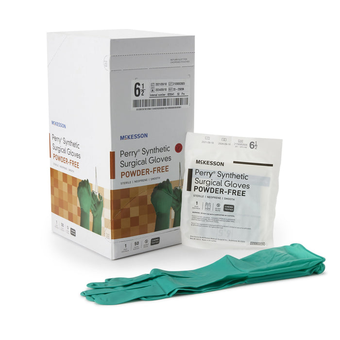 McKesson-20-2565N Surgical Glove Perry Performance Plus Size 6.5 Sterile Polychloroprene Standard Cuff Length Smooth Dark Green Chemo Tested